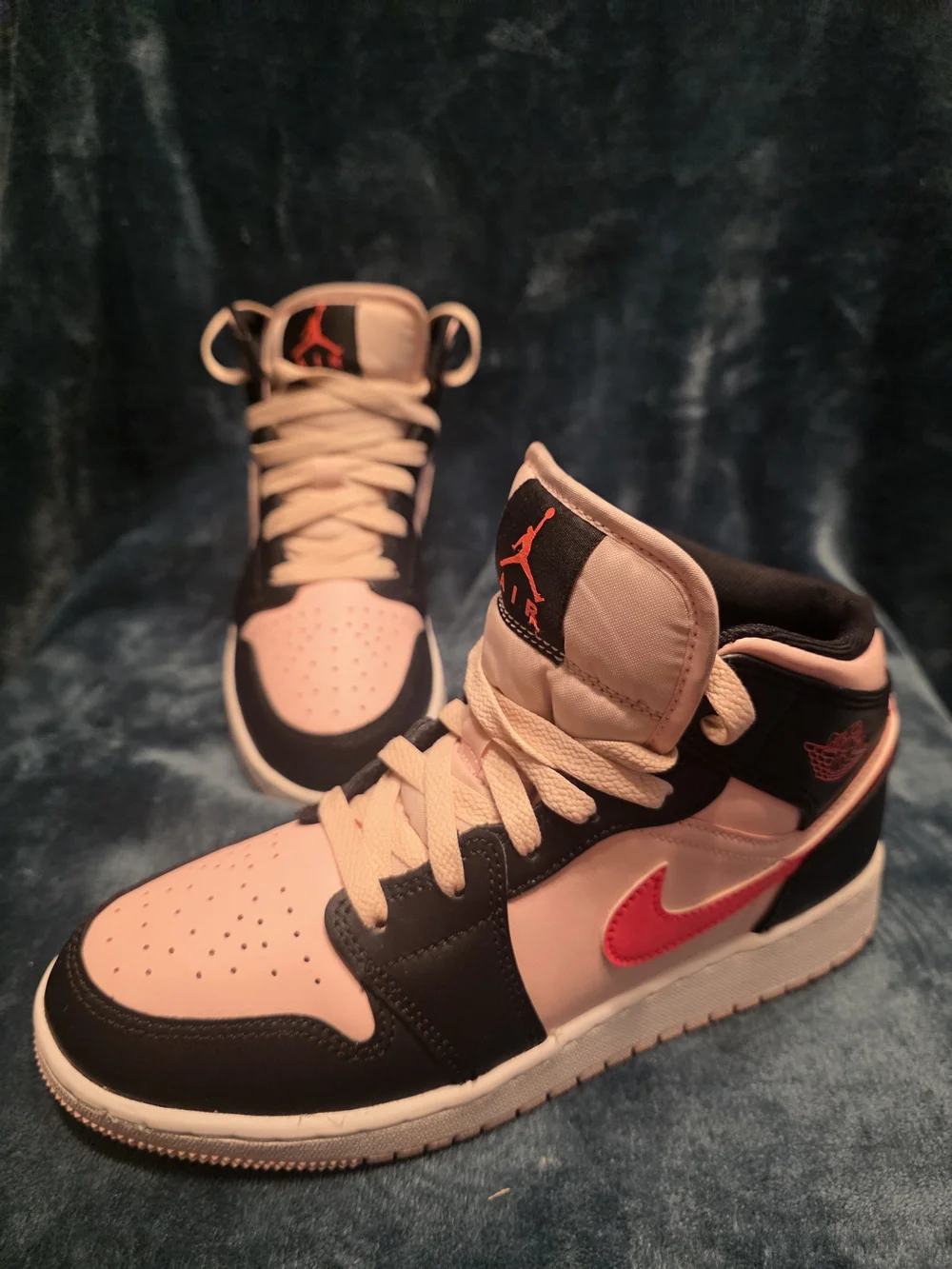 Jordan 1 Pink and Black High-Top Sneakers with Red Swoosh Size 5.5Y/Size 7 Women